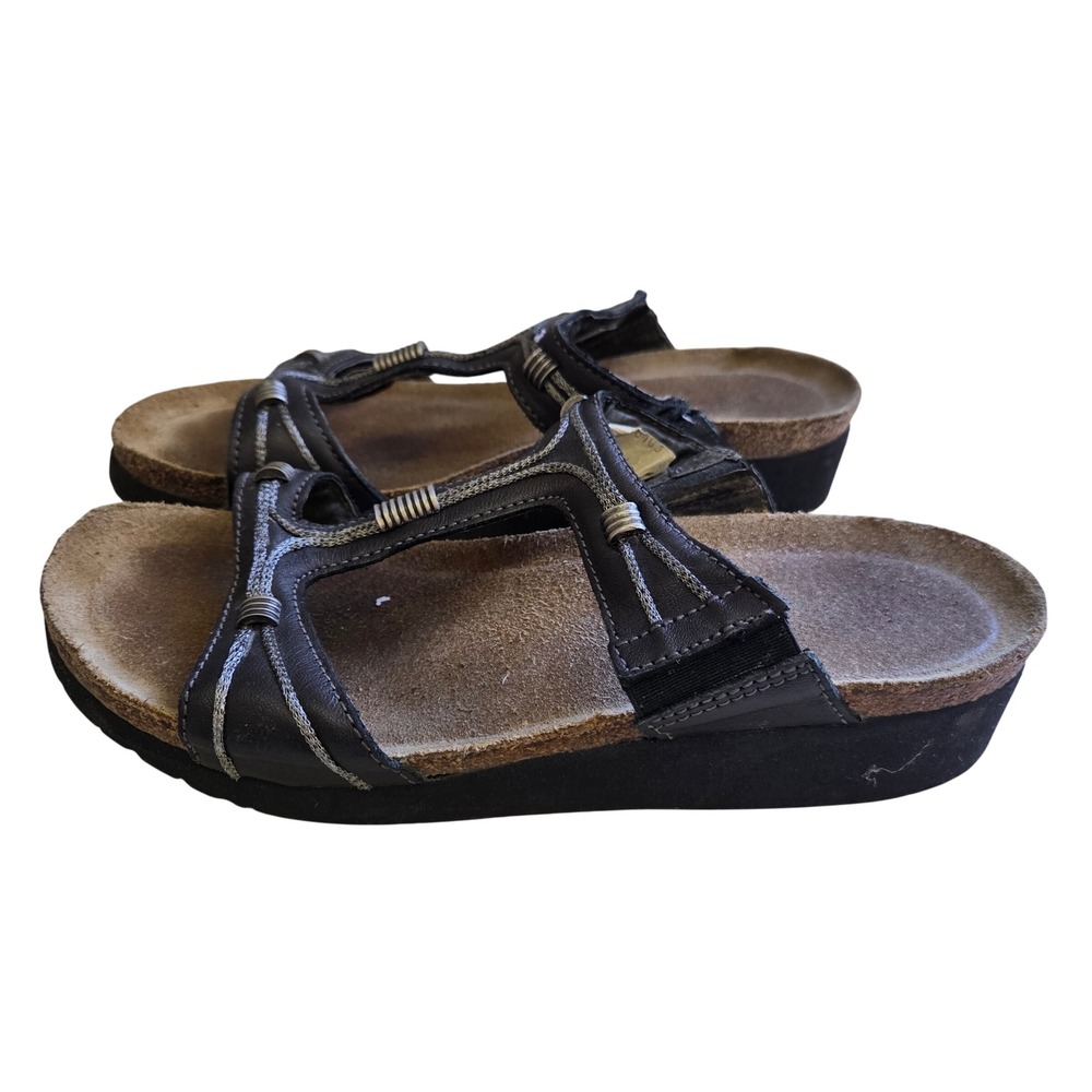 Naot Black Leather T-Strap Cork Footbed Wedge Sandals Womens EU 38 US 7